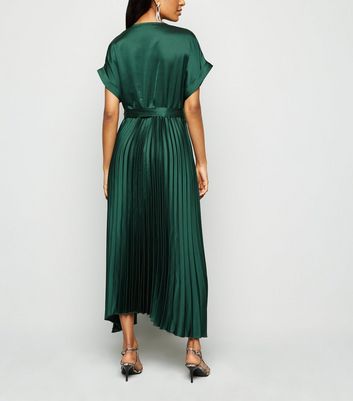 Dark Green Pleated Satin Midi Dress ...